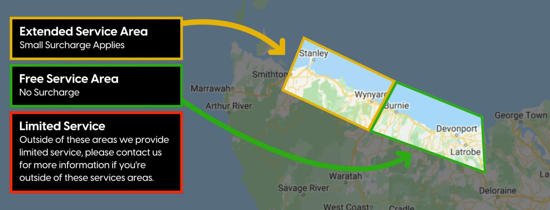 Map of our service range for skip bin hire, including Ulverstone, Burnie, Devonport out to Smithton and greater North-West Tasmania.